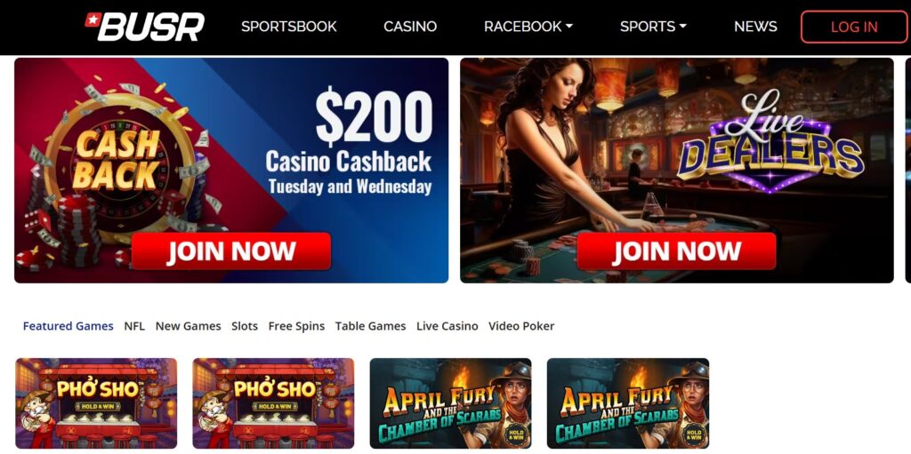 BUSR online casino homepage showing $200 casino cashback bonus, live dealer games, and featured slots including Pho Sho and April Fury in the games lobby.