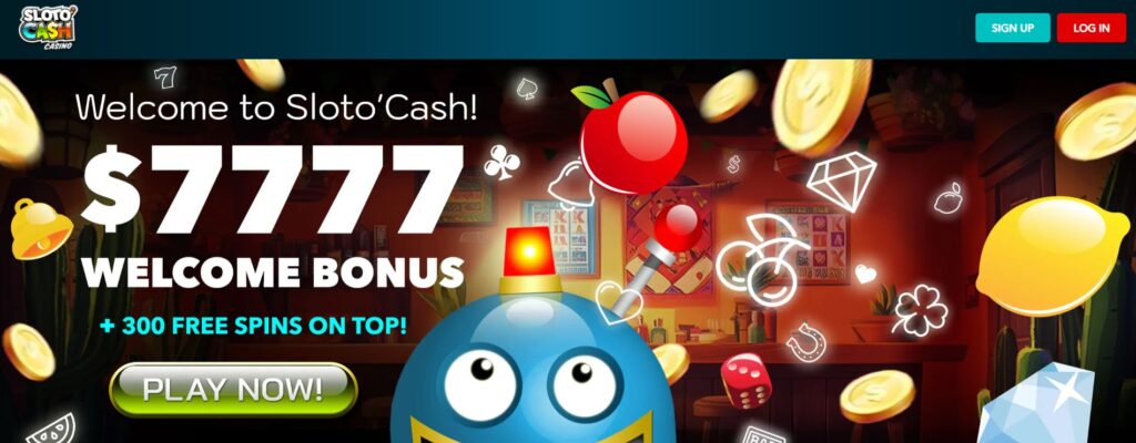 Colorful SlotoCash Casino promo banner showing slot symbols coins apple lemon diamond bell cherry clover horseshoe dice and a blue mascot with welcome bonus text.