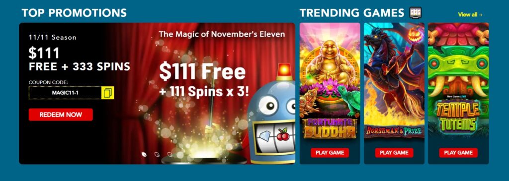 Left panel: bold header “TOP PROMOTIONS,” 11/11 Season offer graphic advertising $111 FREE + 333 SPINS, coupon code MAGIC11-1, red REDEEM NOW button, magician’s hand with wand and a cartoon slot machine character. Right panel: header “TRENDING GAMES” with a View all link and three game tiles — FORTUNATE BUDDHA (golden Buddha), HORSEMAN’S PRIZE (headless horseman with flaming pumpkin), TEMPLE TOTEMS (green totem face) — each tile includes a red PLAY GAME button and one marked “New Game LIVE.”