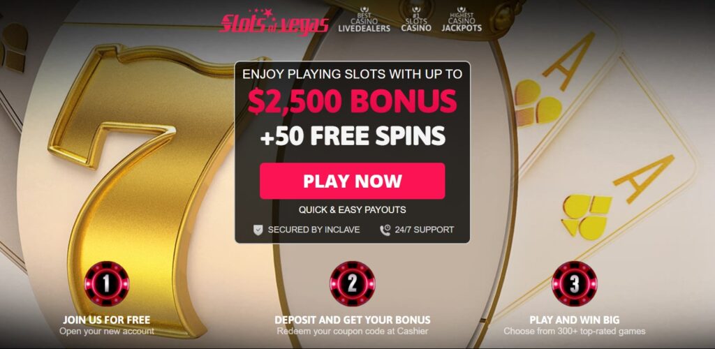 Slots of Vegas promotional banner showing a large golden 7, two Ace playing cards with a club symbol, and bold text advertising up to $2,500 bonus plus 50 free spins, quick secure payouts, and 24/7 support.