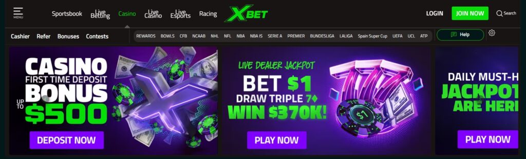 XBET promotional banner showing sportsbook and casino tabs with three offers: deposit bonus, live dealer jackpot, and daily jackpots
